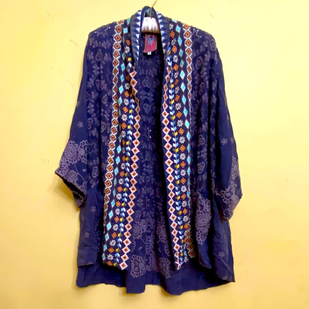 Johnny Was Gray Embroidered Open Kimono with Multicolor Trim